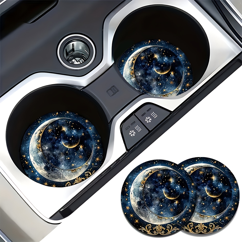 Car Accessories For Women - 2個入り 星月柄 車用カップコースター - 耐久性のある滑り止めドリンクホルダー、女性と男性のためのエレガントな車内アクセサリー、ギフトに最適