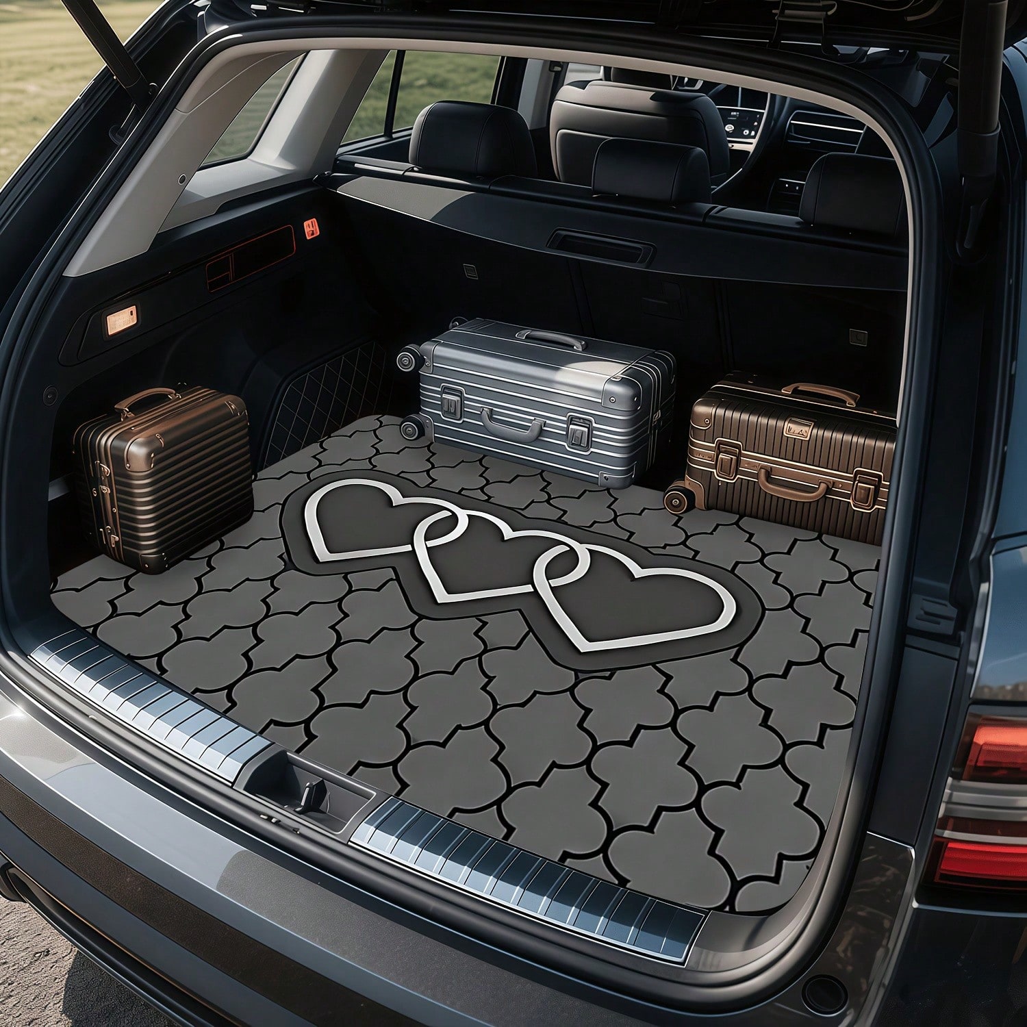 Car Accessories You Must Have - カーアクセサリー インテリア [旅行用品] ハート柄プリントの車用トランクマット 1枚。2Dフラットデザイン。旅行に欠かせないアイテムで、様々な車種に幅広く対応。愛車のインテリアに欠かせないアクセサリー。